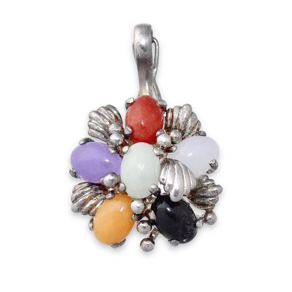 Vintage Multicolor Jade Sterling Silver Pendant Multi-stone Necklace Enhancer